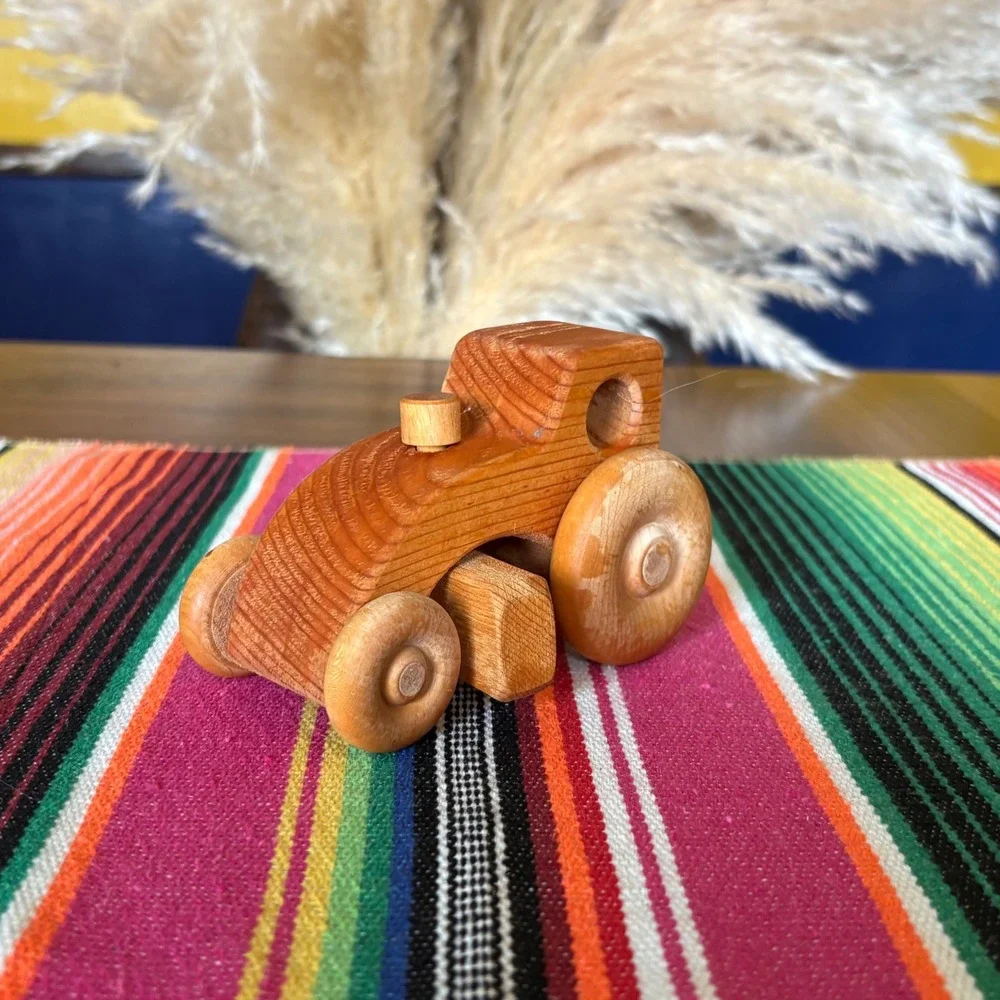 Vintage Handmade Wooden Toy Set Tractor and Car Natural Wood Montessori Decor